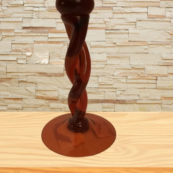 1960s Styled Long Stemmed Twisted Blown Amber Colored Glass Candle Holder 12 Tal - Picture 7 of 7